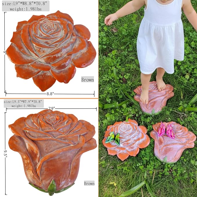 Garden Stepping Stones Outdoor Walkway – Resin Rose Flower Pavers for Path, Lawn & Backyard – Courtyard Entrance Decorative Small Statue with Artificial Flowers – Set of 2, Brown
