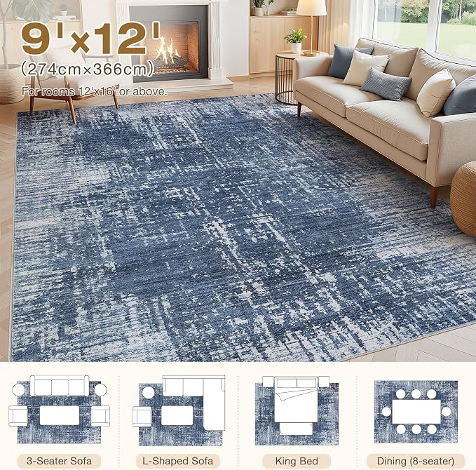 kakania Abstract 9x12 Area Rugs for Living Room: Washable Rugs Dark Blue | Soft, Non-Slip, Low-Pile, Pet & Kid Friendly - Large Modern Home Decor Carpet for Bedroom/Dining Room/Office/Nursery