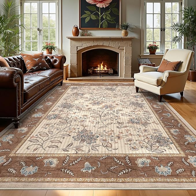 GarveeHome 8x10 Brown Washable Area Rug Living Room Bedroom Non Slip | Botanical Floral Print Rug Soft Floor Mat Carpet Indoor Thin Cottage core Rug for Dining Room Playroom Nursery Room