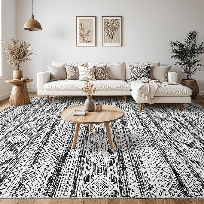 Tortania Area Rug Living Room Rugs - 8x12 Washable Large Soft Neutral Boho Moroccan Bohemian Farmhouse Rug Indoor Floor Carpet for Bedroom Under Dining Table Home Office Decor - Black White