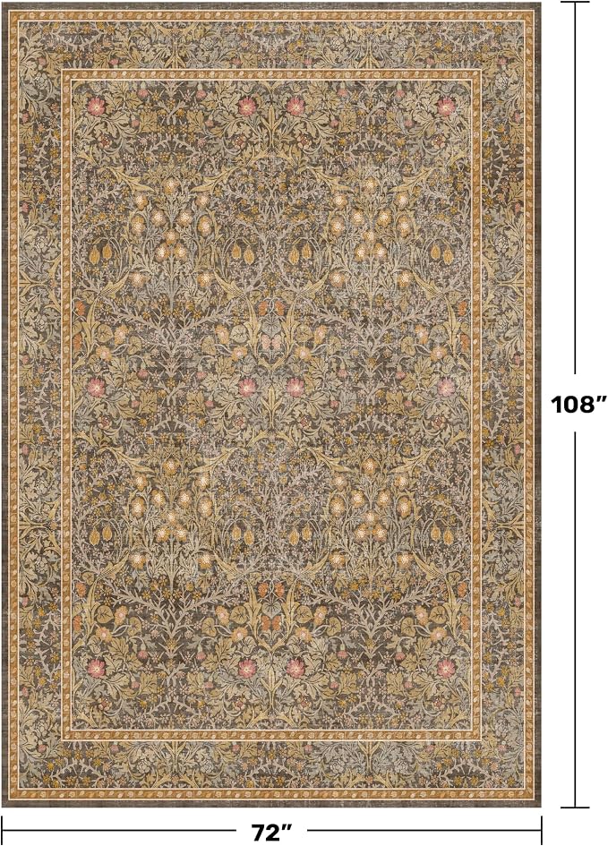 Washable Living Room Rug 6x9 - Brown Oriental Area Rug for Bedroom, Dining Room Rug for Under Table, Low Pile Non-Slip Floor Carpet for Home Office, Study Room - Vintage Design & Stain Resistance