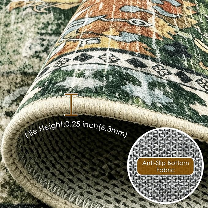 Washable Area Rugs - Perfect for Living Room, Bedroom, Kids Room, Nursery - Stain & Water Resistant Non-Slip, Pet & Child Friendly, Vintage Tribal Area Rugs (Green, 4' x 6')