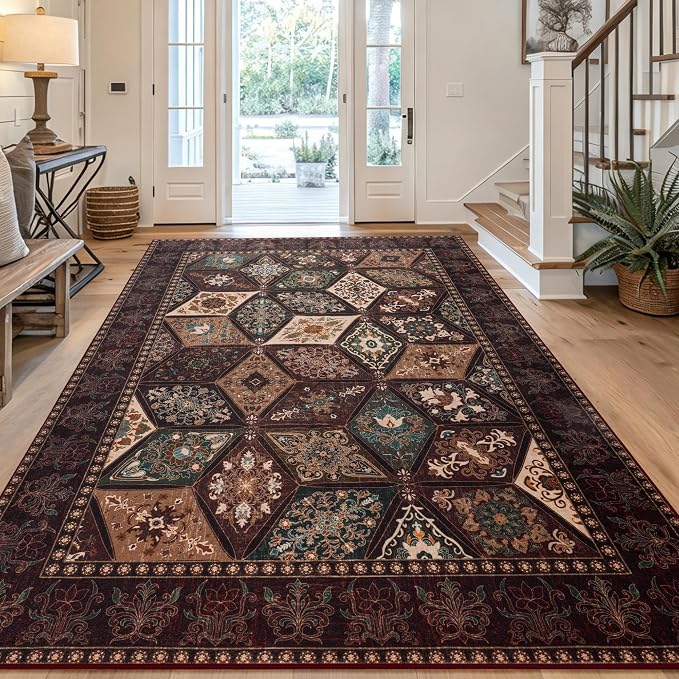 Moroccan Boho Floral Geometric Patchwork Washable 9x12 Large Rug | Vintage Distressed Non Slip Throw Carpet for Bedroom Livingroom Kitchen Hallway Entryway Office Dining Room Docer, Brown