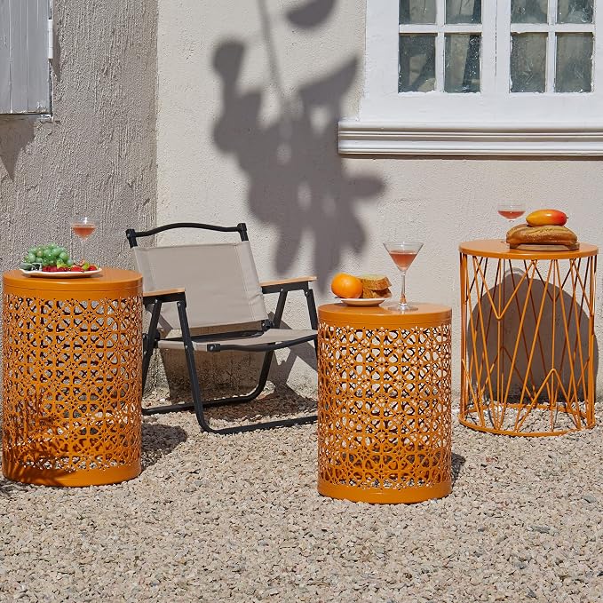 Y&M Outdoor Side Tables Set of 3, Metal Stacking Accent Tables, Round Patio Side End Tables for Outside, Poolside, Garden, Balcony, Indoor & Outdoor, Orange
