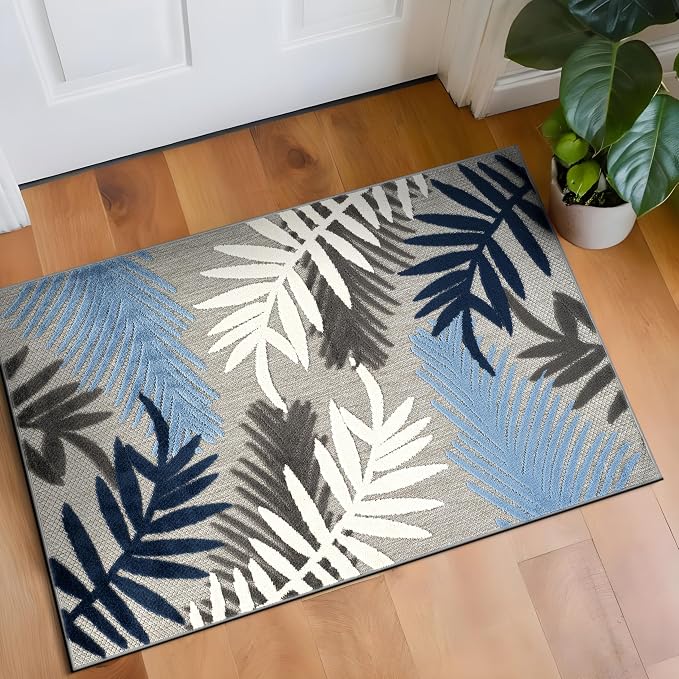 Rugshop Blue Palm Frond Indoor/Outdoor Runner Rug Easy Cleaning for Hallway, Kitchen and Entryway, 2'7" x 4'
