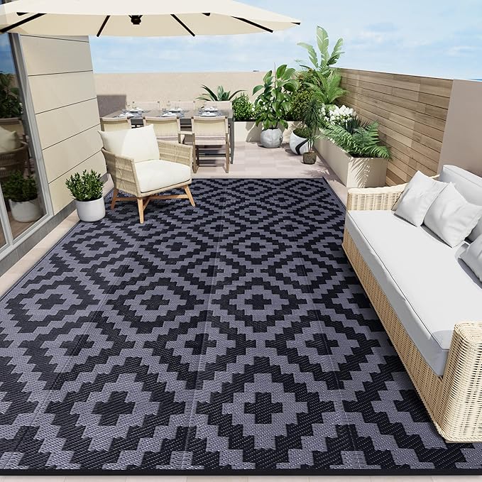 OLANLY Waterproof Outdoor Rug 9x12 ft, Outdoor Plastic Straw Rug for Camping, RV Mat Outside, Indoor Outdoor Carpet for Porch, Deck, Backyard, Balcony, Picnic, Black & Grey