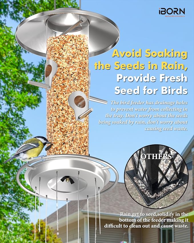 iBorn Metal Bird Feeder for Outside Hanging,Wild Bird Feeders for Cardinal,17cm Large Roof&Nickle,35CM Long,2lb Capacity 8 Ports (Seed is not Included)