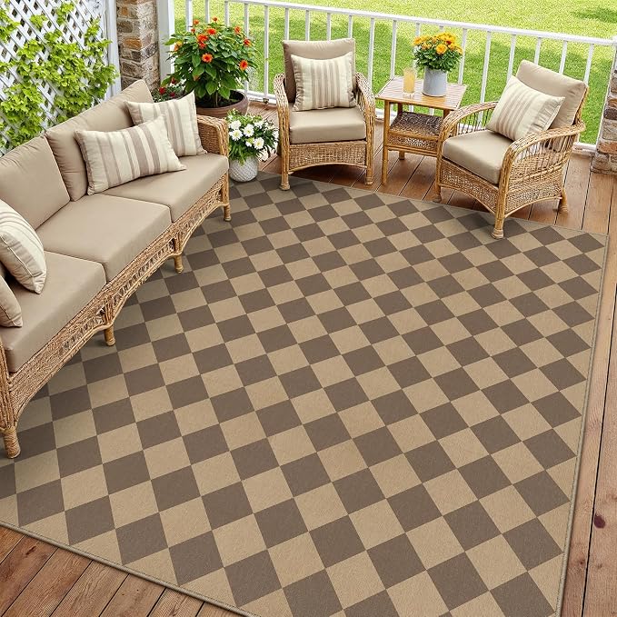 PureCozy 8x10 Checkered Easy Jute Area Rug for Living Room Large Checkerboard Washable Indoor Outdoor Carpet Farmhouse Patio Office Mat Geometric Non Slip Brown Carpet for Backyard Dining Room