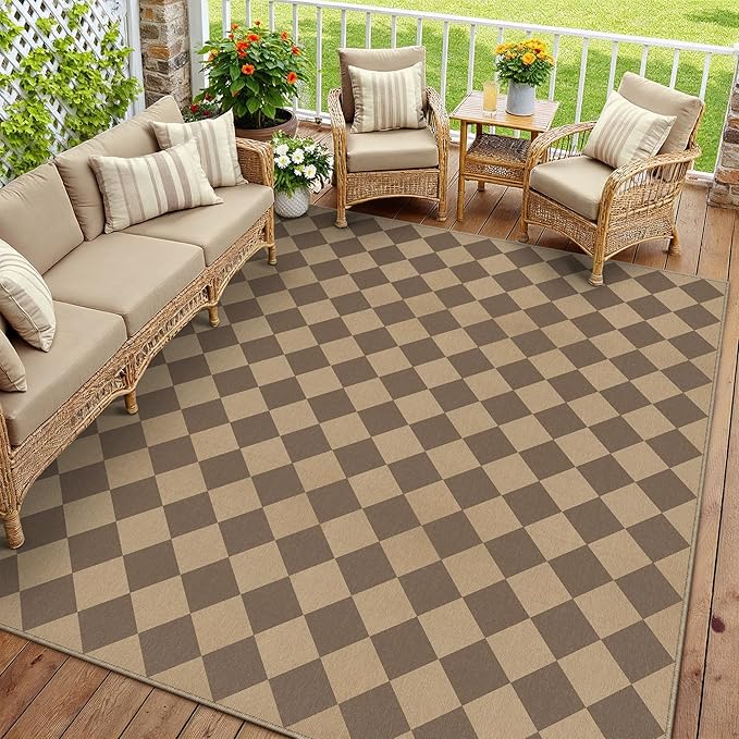 PureCozy 9x12 Checkered Easy Jute Area Rug for Living Room Large Checkerboard Washable Indoor Outdoor Carpet Farmhouse Patio Office Mat Geometric Non Slip Brown Carpet for Backyard Dining Room