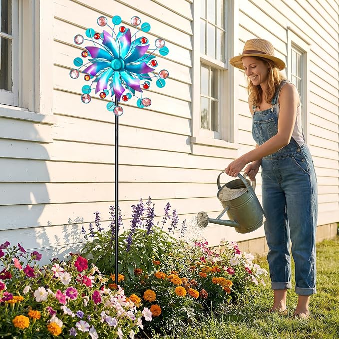360°Solar Wind Spinner with Lights Blue Metal Garden Outdoor Decor Yard Lawn Art Decor for Patio Kinetic Windmills Unique Gifts for Friends and Family 60.63'' H x 13.38'' Dia