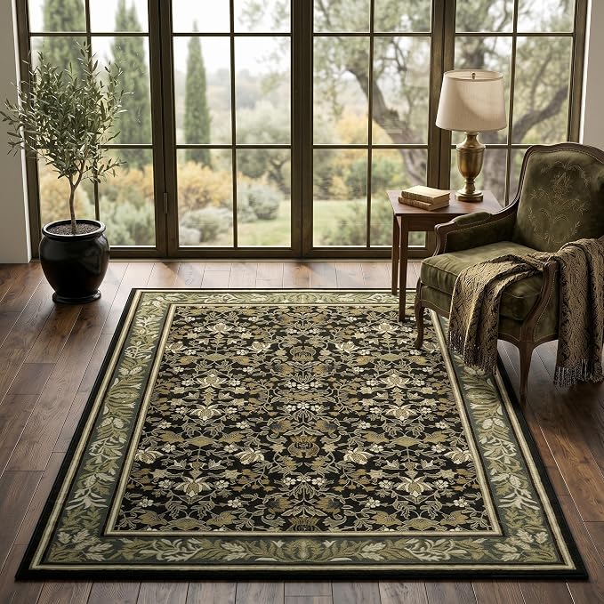 GarveeHome Washable 3x5 Entryway Rugs Non Slip Kitchen Area Rug Green Black | Boho Vintage Soft Low Pile Stain Resistant Indoor Carpet for Living Room Bedroom Hallway Nursery Home Office