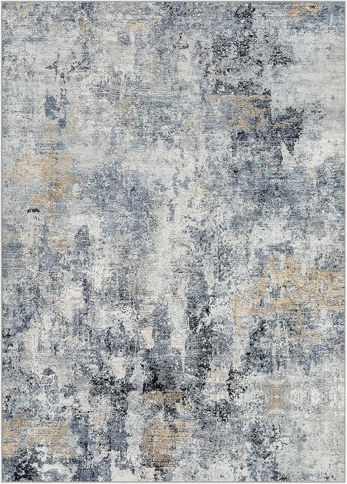 7x9 Area Rug Washable Abstract Rugs for Living Room Blue/Brown | for Bedroom, Dining Room, Office, Nursery, Soft Neutral, Low Pile Non-Slip, Kid Pet Friendly, Large Indoor Carpet, Home Decor