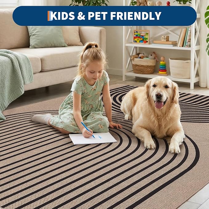 GarveeHome Modern Rainbow Easy Jute Rug 5x7, Washable Area Rugs for Living Room Farmhouse Dining Room, Contemporary Natural Non Slip Floor Carpet for Office RV Patio