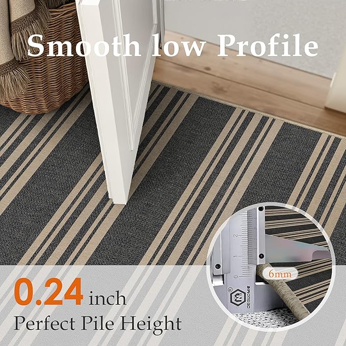 PureCozy Striped Easy Jute Rug 3x5 Black Entryway Carpet Washable Non Slip Office Door Mat Farmhouse Neutral Non Shedding Small Indoor Outdoor Rug for Bathroom Kitchen Bedroom Living Room