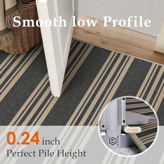 PureCozy Striped Easy Jute 2x6 Kitchen Runner Rug Black Washable Carpet for Hallway Non Slip Farmhouse Neutral Non Shedding Indoor Outdoor Long Rug Bathroom Bedroom Laundry Entryway