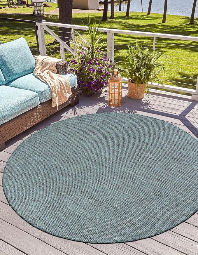 Unique Loom Outdoor Solid Collection Area Rug (6' 1" Round Teal/Navy Blue)