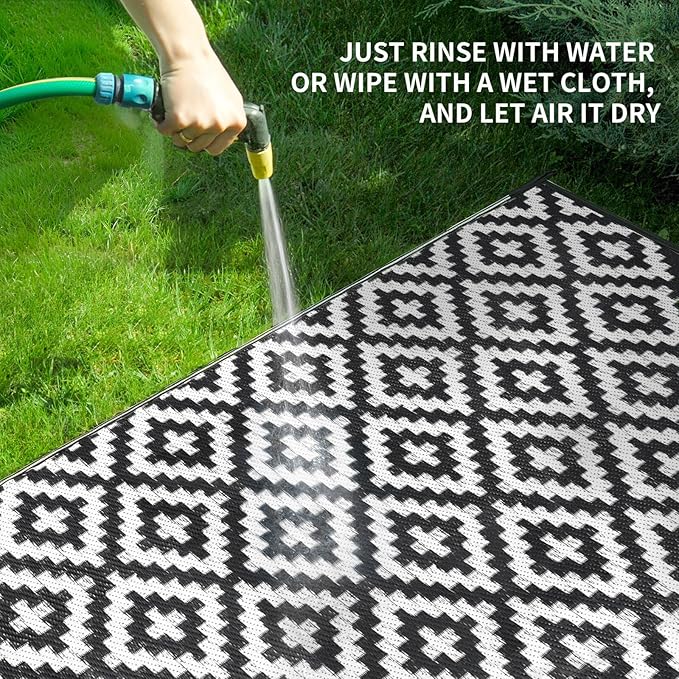Outdoor Patio Plastic Straw Rug - 5x8 ft Outdoor Camping Rug Waterproof Reversible, Area Carpet Patios RV, Outside Porch Balcony Deck for Camper, Black & White