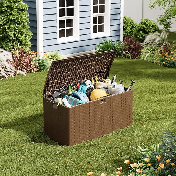 IDEALHOUSE 100 Gallon Resin Deck Box, Waterproof Outdoor Storage Box with Lockable Lid & UV Resistant, Patio Furniture Cushion Storage Container for Garden, Backyard, Poolside (Brown)