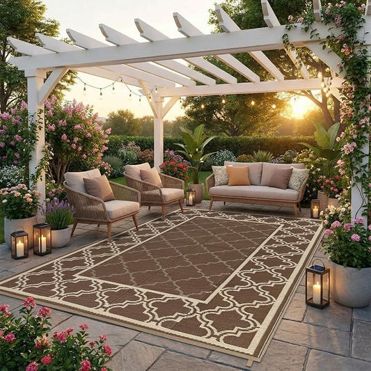 Garvee Reversible Outdoor Rug 6x9, Waterproof Outdoor Plastic Straw Rug with Interlacing Pattern, RV Mat for Picnics, Patio, Camping, Balcony, Deck, Backyard, Porch, Brown