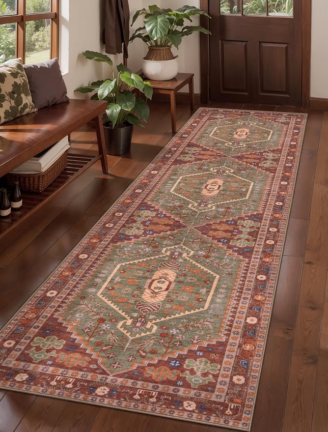 Ciicool 3x8ft Hallway Rug,Long Runner Area Rugs for Vintage Kitchen Decor | Oriental Non-Slip Vintage Indoor Soft Boho Entry Carpet for Entryway Bedroom Bedside Living Room,Terracotta/Green