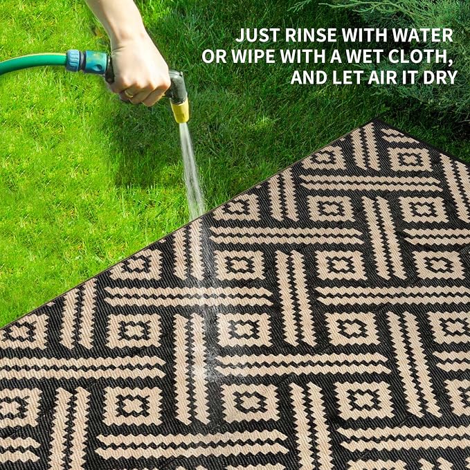 Outdoor Patio Plastic Straw Rug - 5x8 ft Outdoor Camping Rug Waterproof Reversible, Area Carpet Patios RV, Outside Porch Balcony Deck for Camper, Moden Black Beige