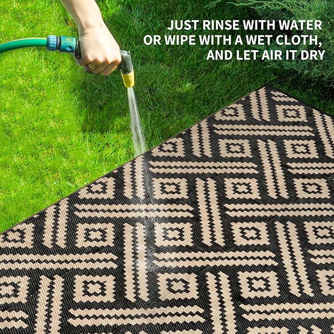 Outdoor Patio Plastic Straw Rug - 4x6 ft Outdoor Camping Rug Waterproof Reversible, Area Carpet Patios RV, Outside Porch Balcony Deck for Camper, Moden Black Beige