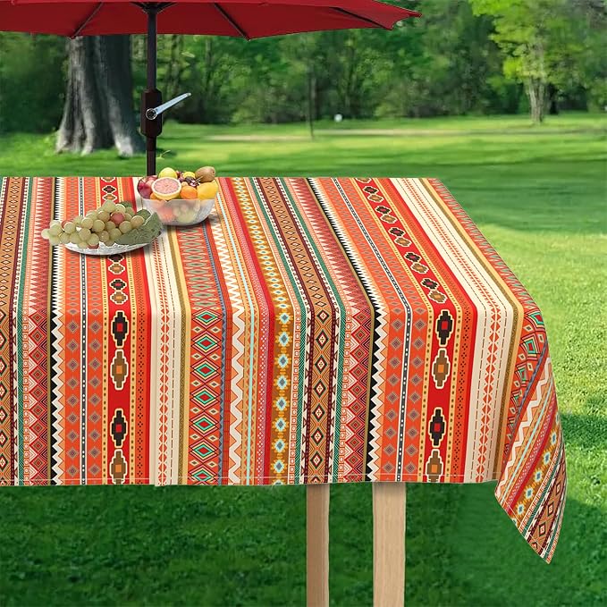 Outdoor Tablecloth with Umbrella Hole and Zipper, Rectangle Patio Table Covers for Spring/Summer, Machine Washable Outdoor Picnic Table Cloth (Boho Kilim, 60" × 84" Rectangular)