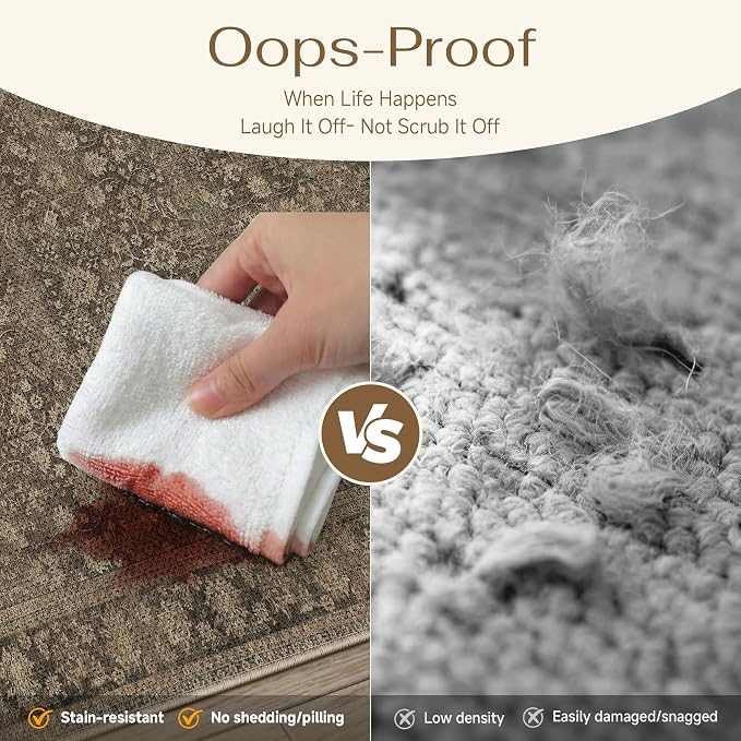 HUGEAR 3x5 Indoor/Outdoor Rug Brown Linen-Look Fabric Vintage Area Rug High Traffic Stain Resistant Easy Clean Durable Rugs for Living Kitchen Patio Deck Balcony Porch Garden Courtyard