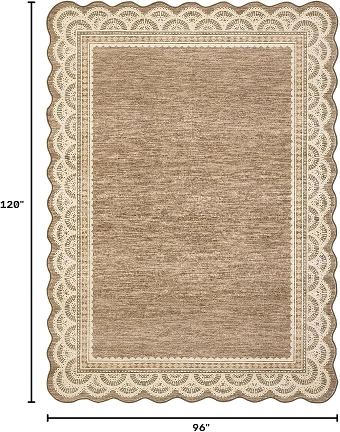 Garvee Washable Area Rug 8x10 Scalloped Lace Rug for Living Room Brown | Non Slip Low Pile Rug, Non-Shedding Carpet for Bedroom Playroom Kids Room, Stain Resistant Rugs, Solid Rug for Girls Room