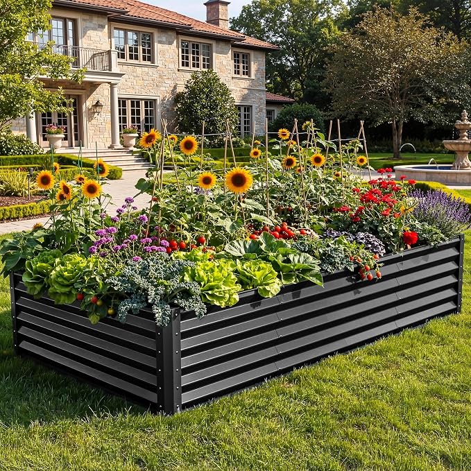 YITAHOME 8x4x1.5 ft Galvanized Raised Garden Bed Kit, Large Metal Planter Box with Gloves, Safety Rubber & Support Rod, Outdoor Flower Bed for Plants Vegetables, Black