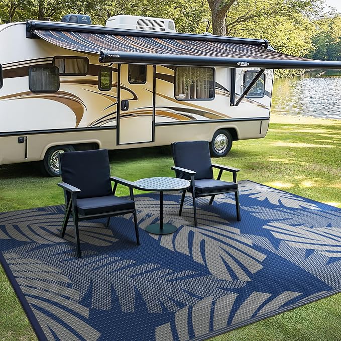 GENIMO Waterproof Outdoor Rug 8' x 10' for Patio Decor, Reversible Plastic Straw Area Rugs for Camping Clearance, RV Mat, Large Outside Carpet for Porch, Deck, Picni, Balcony, Garden, Blue & Grey