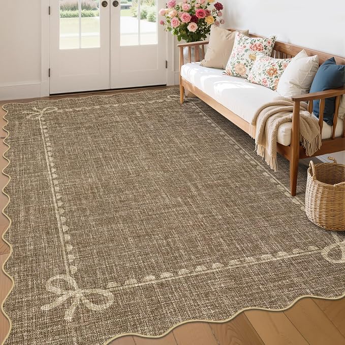 GarveeHome Scalloped Bow Rug 6x9 Washable Brown Rug for Bedroom Living Room | Non Slip Soft Low Pile Indoor Large Carpet for Nursery Girls Bedroom Decor Hallway Kids Room College Dorm Playroom