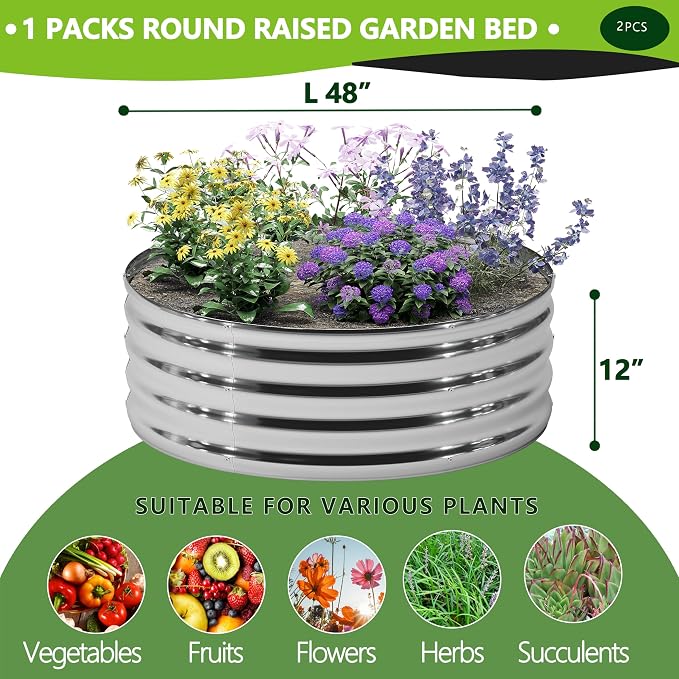 DIIYIV 2Pack 4x4x1ft Galvanized Raised Garden Bed, Planter Raised Garden Beds Outdoor, Round Clearance Raised Garden Beds for Gardening Vegetables