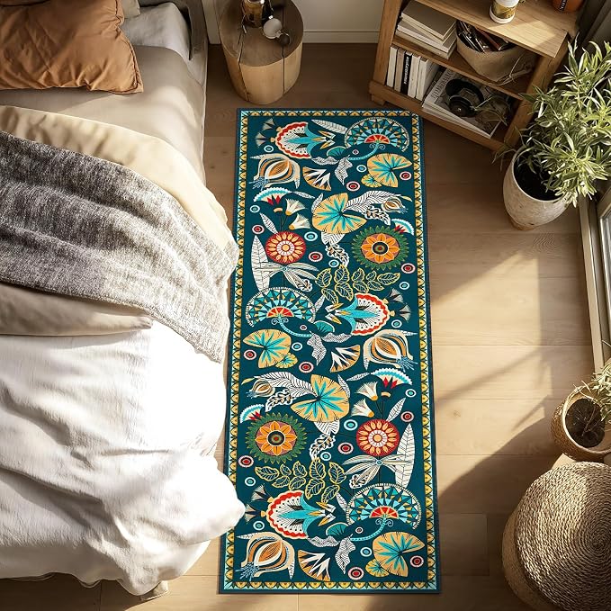 Joydeco Egypt Floral Boho 2x6 Washable Kitchen Hallway Bathroom Rug Runner | Dark Green Botanical Colorful Non Slip Stain Resistant Low Pile Flower Indoor Carpet Runner for Entryway Laundry Room Bedroom