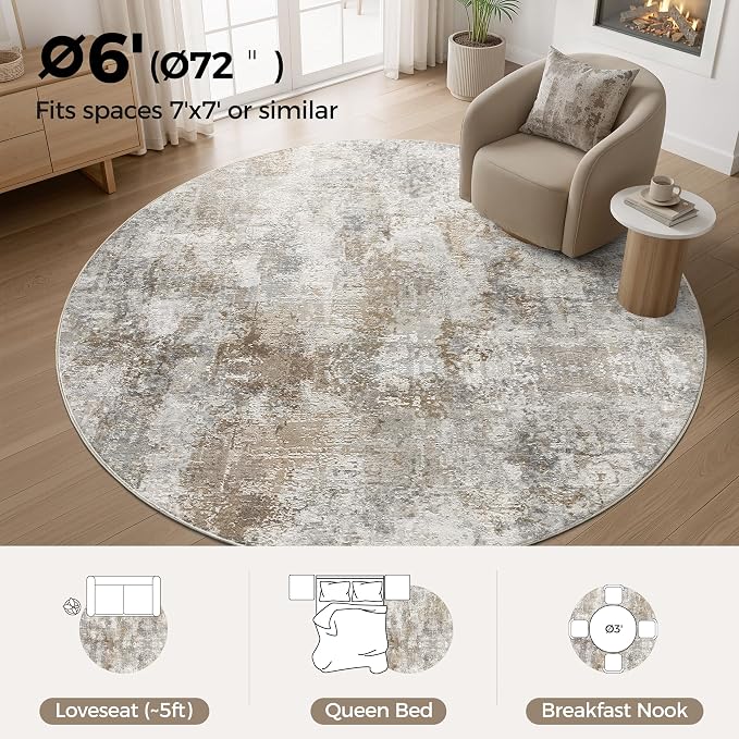 6Ft Round Area Rug Washable Abstract Rugs for Living Room Light Brown/Grey | for Bedroom, Dining Room, Office, Nursery, Soft Neutral, Low Pile Non-Slip, Kid Pet Friendly, Large Indoor Carpet, Home Decor