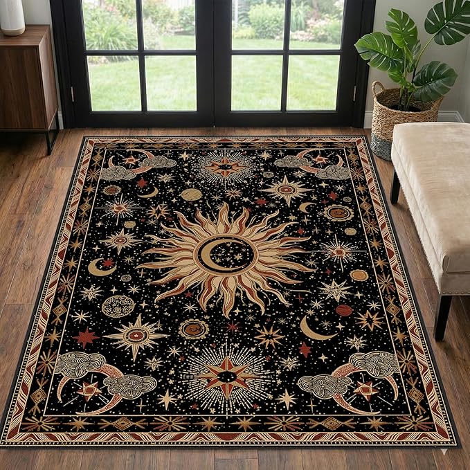 Vacuum-Friendly, 3x5 Washable Area Rug, Black Gold Beige Red | Sun and Moon Boho Gothic Non-Slip Low Pile Living Roon Bedroom Dining Room Kitchen Entry Entryway Entrance Hallway Doormat