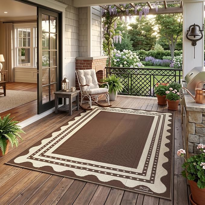 IDEALHOUSE Waterproof Outdoor Rug 8x10 for Patio, Reversible Modern Area Rug, Large Plastic Straw Mat for Camping, RV, Porch, Backyard, Deck, Picnic, Beach, Brown & Beige