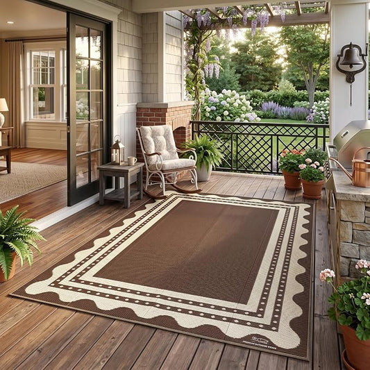 IDEALHOUSE Waterproof Outdoor Rug 8x10 for Patio, Reversible Modern Area Rug, Large Plastic Straw Mat for Camping, RV, Porch, Backyard, Deck, Picnic, Beach, Brown & Beige