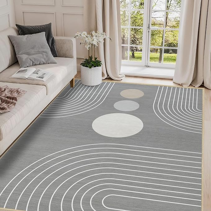 Boho Rug 3x5 Modern Geometric Minimalist Abstract Line Area Rug for Entryway Living Room Grey Mid Century Modern Machine Washable Non-Slip Printed Low-Pile Floor Carpet for Kitchen Bedroom Gray