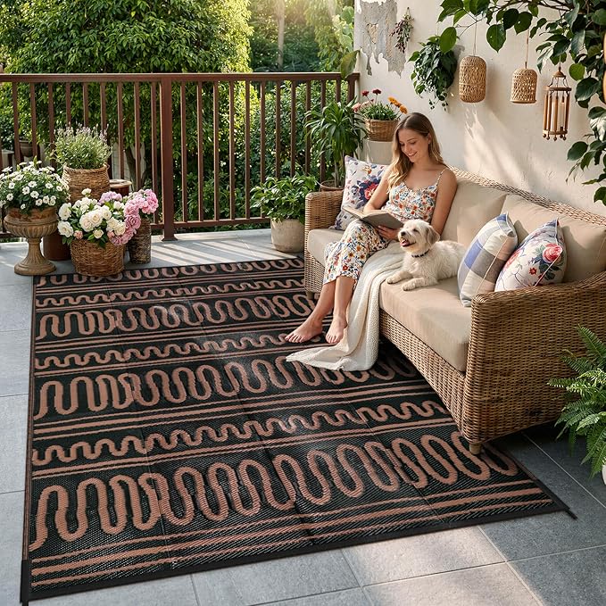 Beeiva Waterproof Outdoor Rug 6x9 for RV Camping, Reversible Outdoor Mat for Porch, Balcony, Picnic, Plastic Straw Rug Black Brown