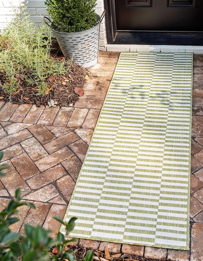 Unique Loom Outdoor Striped Collection Area Rug - Striped (2' x 6' 1" Runner, Green/Ivory)