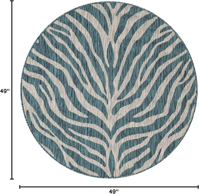 Unique Loom Outdoor Safari Collection Area Rug - Tsavo (4' 1" Round, Teal/ Ivory)