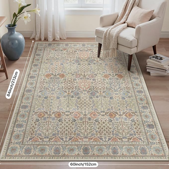 2x8 Kitchen Runner Rug, Washable Non Slip, Earth Yellow | Vintage Floral Design, Spill Resistant Lightweight Low Pile Carpet for Hallway, Bedroom, Laundry Room, Bathroom