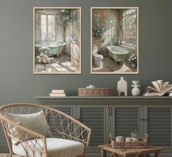 Vintage Farmhouse Theme Bathroom Canvas Wall Art Bathtub With Flowers Poster Print Painting Rustic Farmhouse Window Wall Decor Sunlit Floral Bathroom Pictures Artwork for Toilet Restroom Decoration