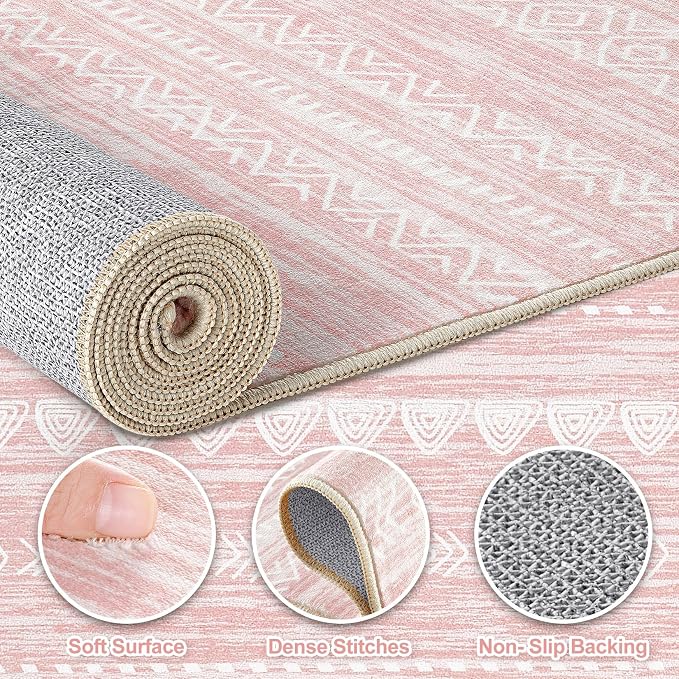 Nakagishi Boho 5x8 Area Rug Living Room Rugs Machine Washable Pink | Soft, Pet & Kid Friendly, Carpet for Living Room/Bedroom/Office/Kitchen/Nursery, Daily Home Decor Stain Resistant Moroccan