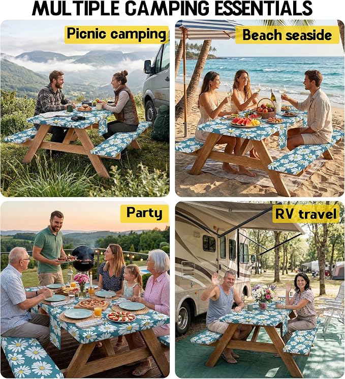 Picnic Table Cover with Bench Covers Tablecloth Glamping Essentials Travel Vacation Table Cloth Outdoor Cool Unique Fun Ideas Gifts for Camper Camping Lovers RV Owner Family Couple Women Female Mom