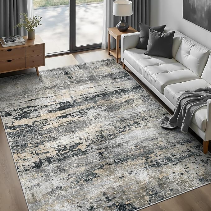 pmtsns Area Rugs 6x9 for Living Room: Washable Rug Modern Abstract Neutral Soft Non-Slip Low-Pile Indoor Carpet for Bedroom Dining Room Playroom Home Office (Black Grey Brown, 6'x9')