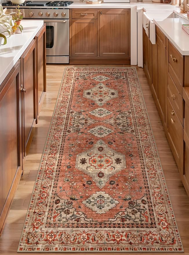 Tangsoo Boho Runner Rug, 2x6 Washable Runner Rugs for Hallways, Non Slip | Oriental Soft Low Pile Rug Runners, Vintage Print Carpet Runner for Kitchen Bedroom Entryway Bathroom Living Room Terracotta