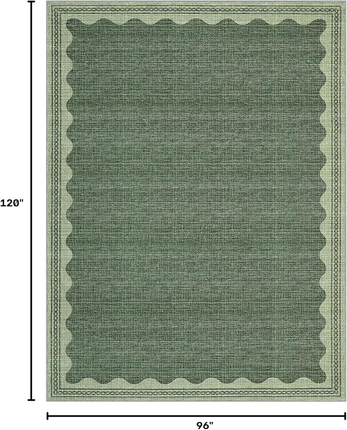 8x10 Scalloped Area Rugs Green Washable Living Room Bedroom Rug | Solid Tan Rug for Bedroom Girls, Non Slip Throw Carpet With Rubber Back, Soft Dorm Nursery Scalloped Rugs for Dining Room