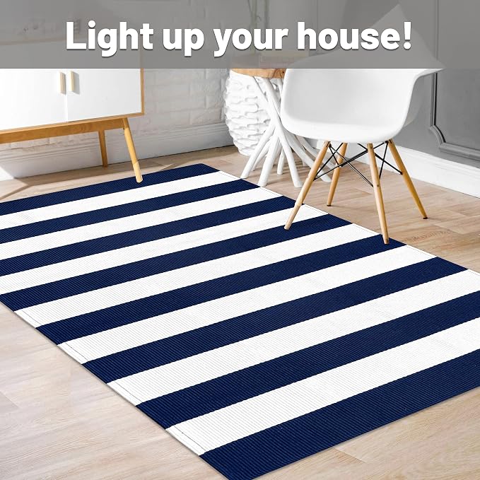 IOHOUZE Navy White Striped Rug -3x5 Front Door Mats Outdoor,Washable Rug for Front Porch Decor,Spring Summer Welcome Mats Outdoor Indoor, Doormat for Farmhouse/Entryway/Home Entrance